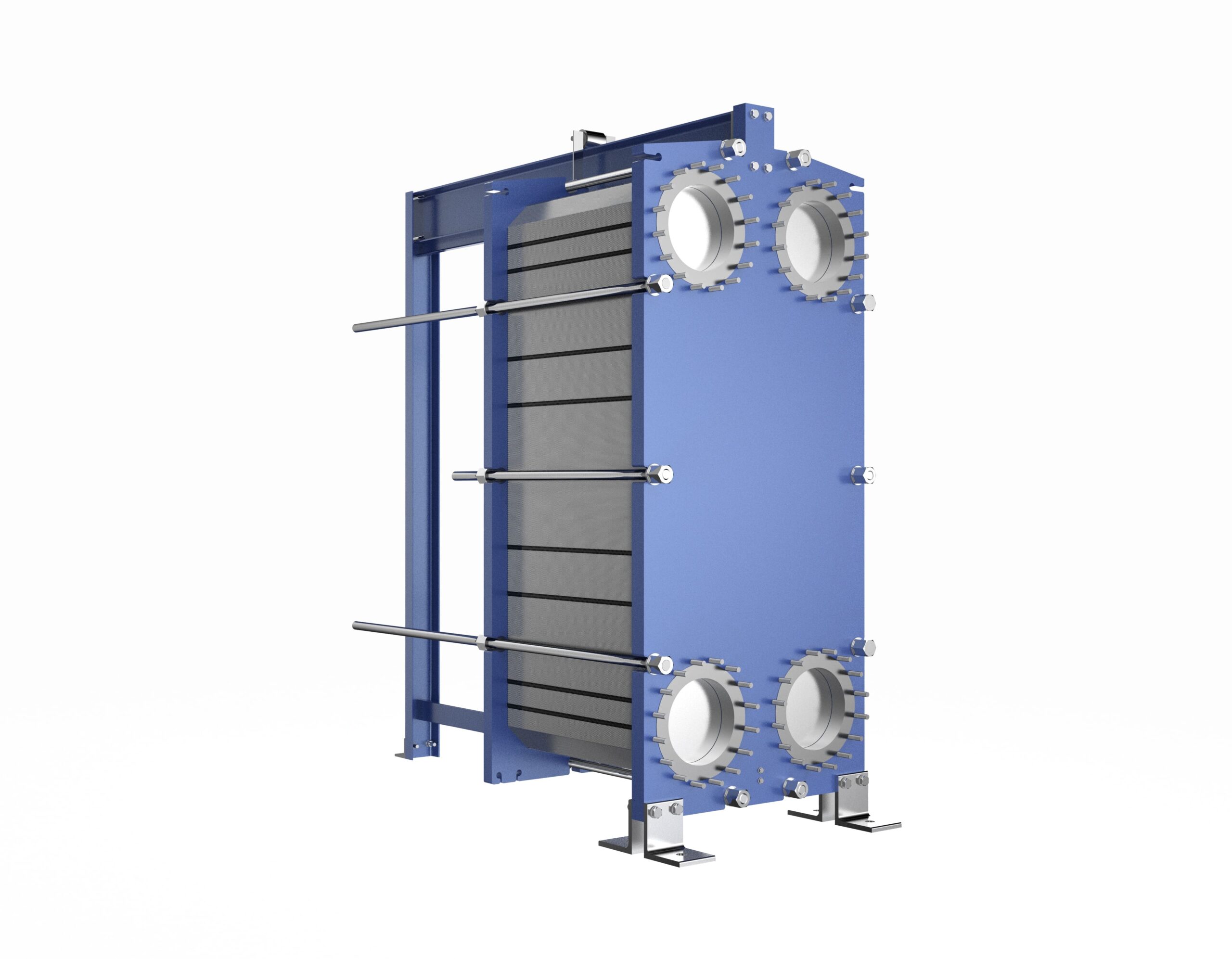 Gasketed plate heat exchanger with multiple plates stacked between two end frames, showing inlet and outlet ports, and metal support rods