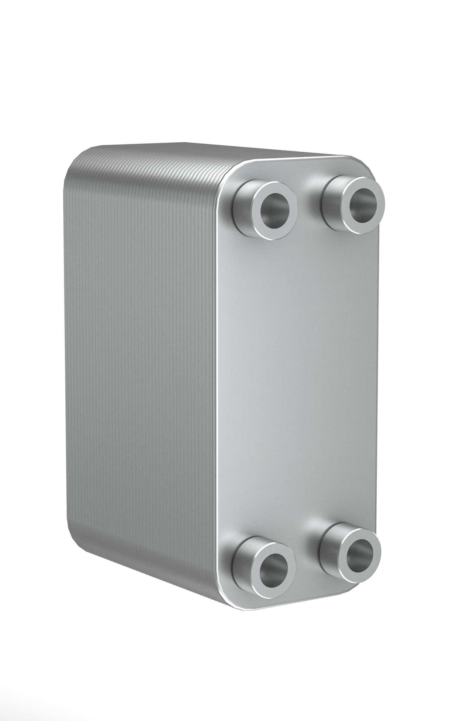 Collection of various sized brazed plate heat exchangers with silver metallic plates and copper brazing visible on the sides, arranged in a display showing different models and sizes