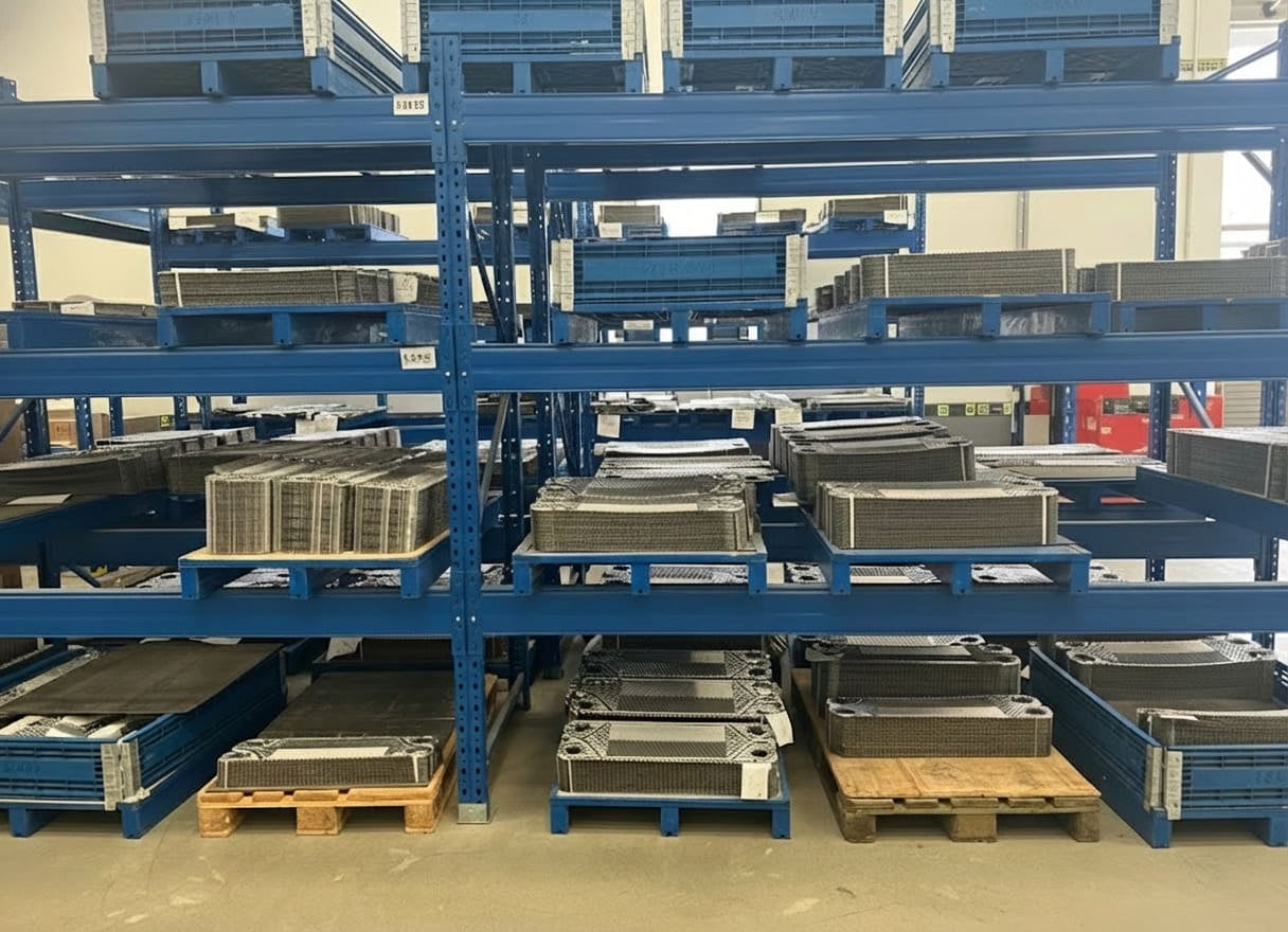 A stack of compatible replacement plates for an Alfa Laval M-Series heat exchanger