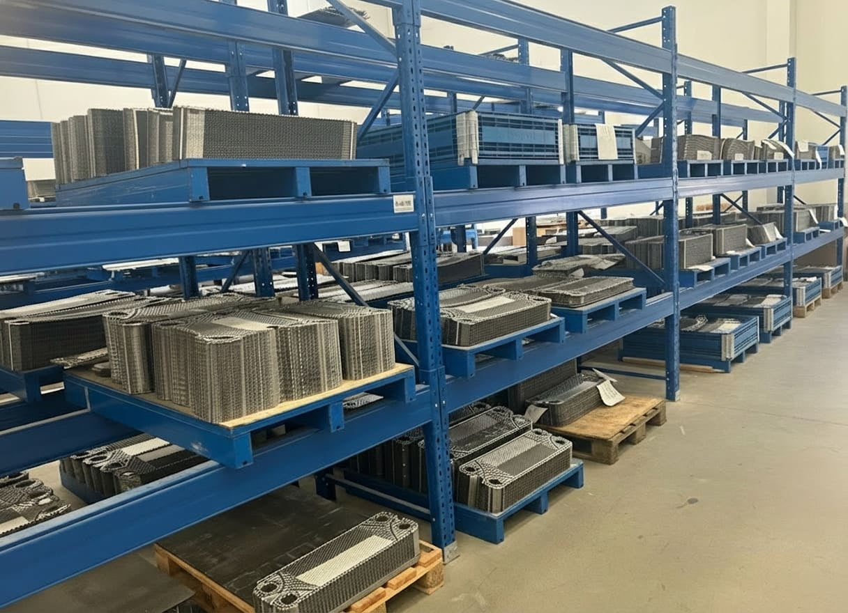 alt text: TIVO's organized warehouse inventory of Hisaka UX-01 UX-10 and UX-20 replacement plates and gaskets