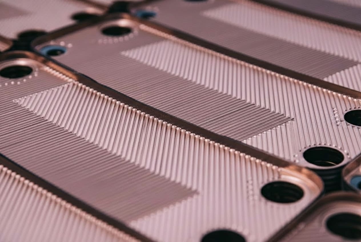 alt text: Interior structure of TIVO's copper-brazed plates showing optimized flow channels