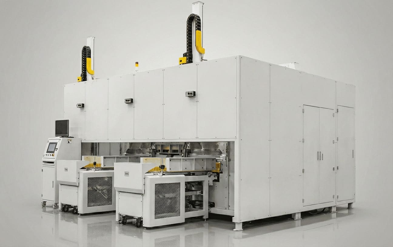 Alt: TIVO technician in high-vacuum lab connecting a Fusion-Bonded heat exchanger to a Mass Spectrometer