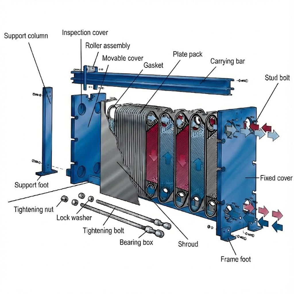 GPHE Exploded View - Detailed component breakdown showing frame plates, heat transfer plates, gaskets, and tie rods