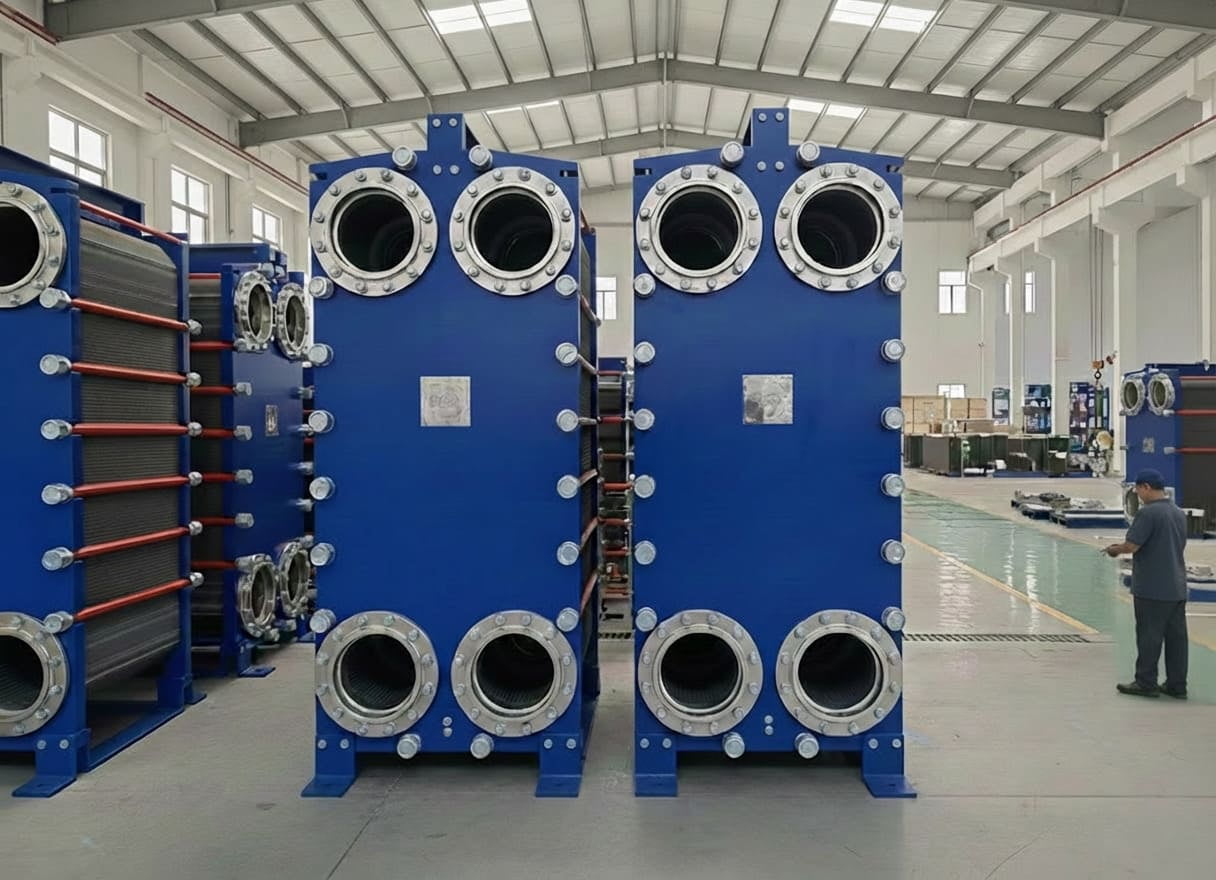 Completed gasketed plate heat exchanger ready for shipment with nameplate and quality certification