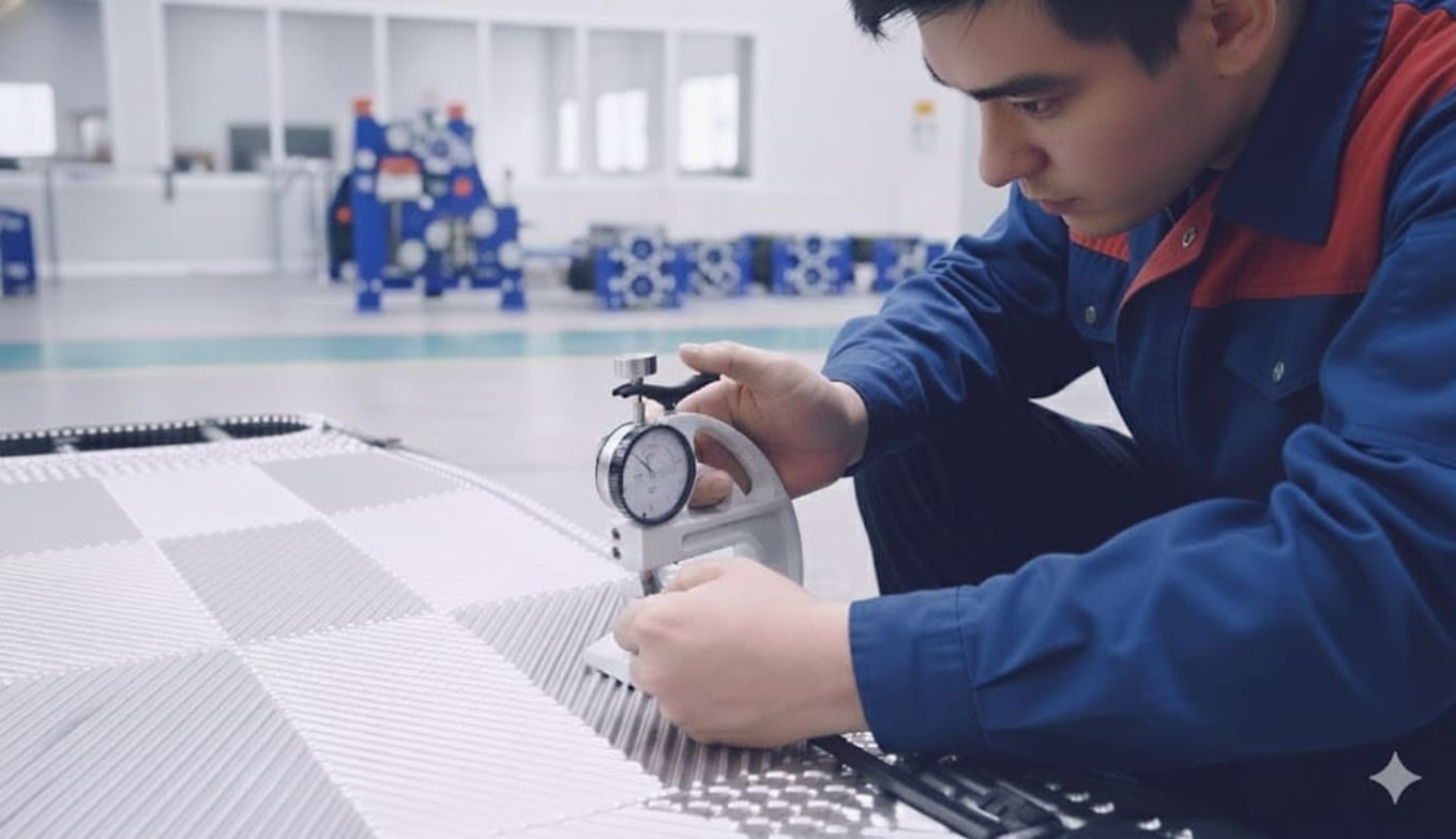 Quality inspector examining heat exchanger gaskets under magnification for dimensional accuracy and defects