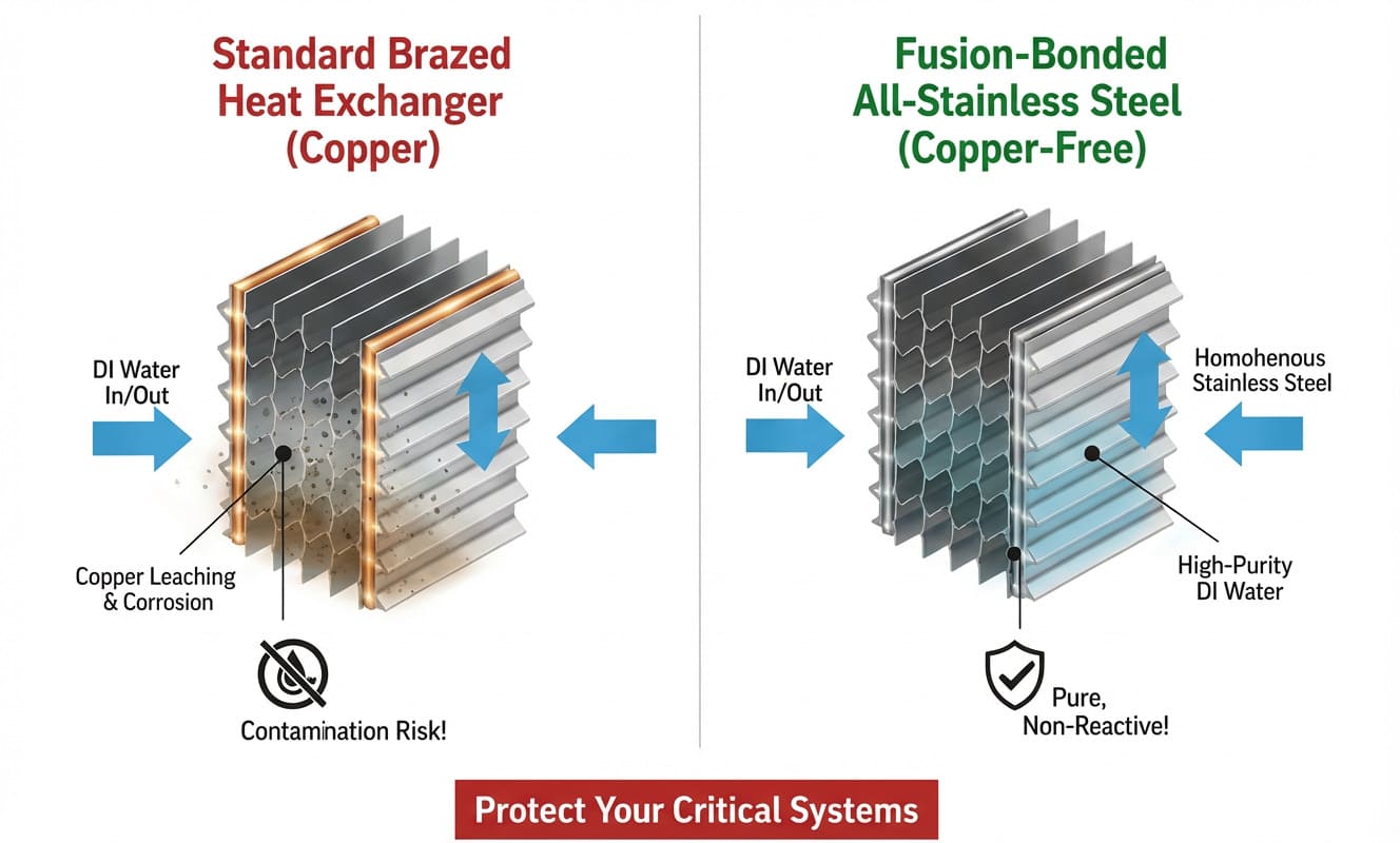 Diagram showing a clean fluid path in an all-stainless steel heat exchanger