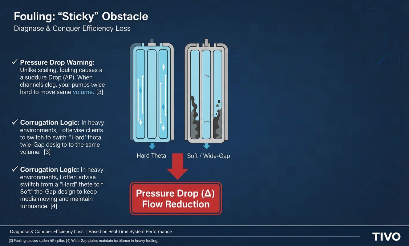 Alt Text: Cross-section diagram showing fouling buildup in plate heat exchanger corrugation channels