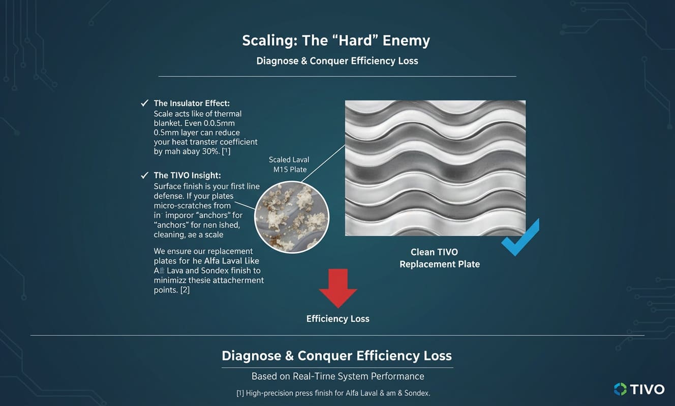 Alt Text: Close-up comparison of a scaled Alfa Laval M15 plate versus a clean TIVO replacement plate with high-precision finish