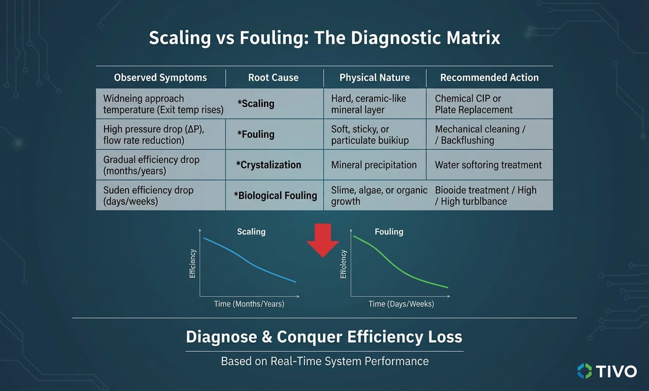 Alt Text: Technical chart comparing heat transfer efficiency loss between scaling and fouling over time