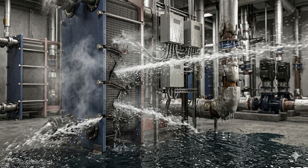 Leaking gasketed heat exchanger in plant room