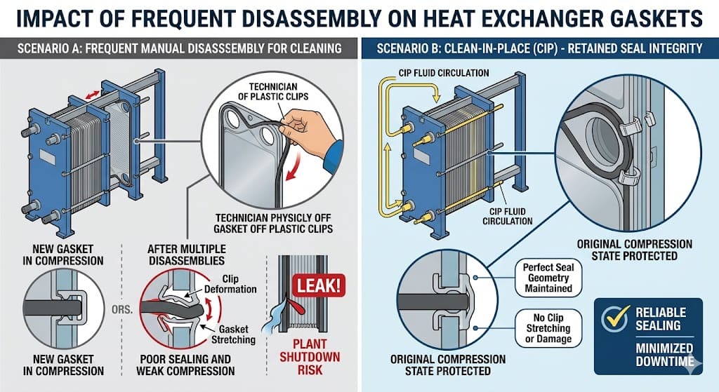 PHE gasket compression and clip deformation